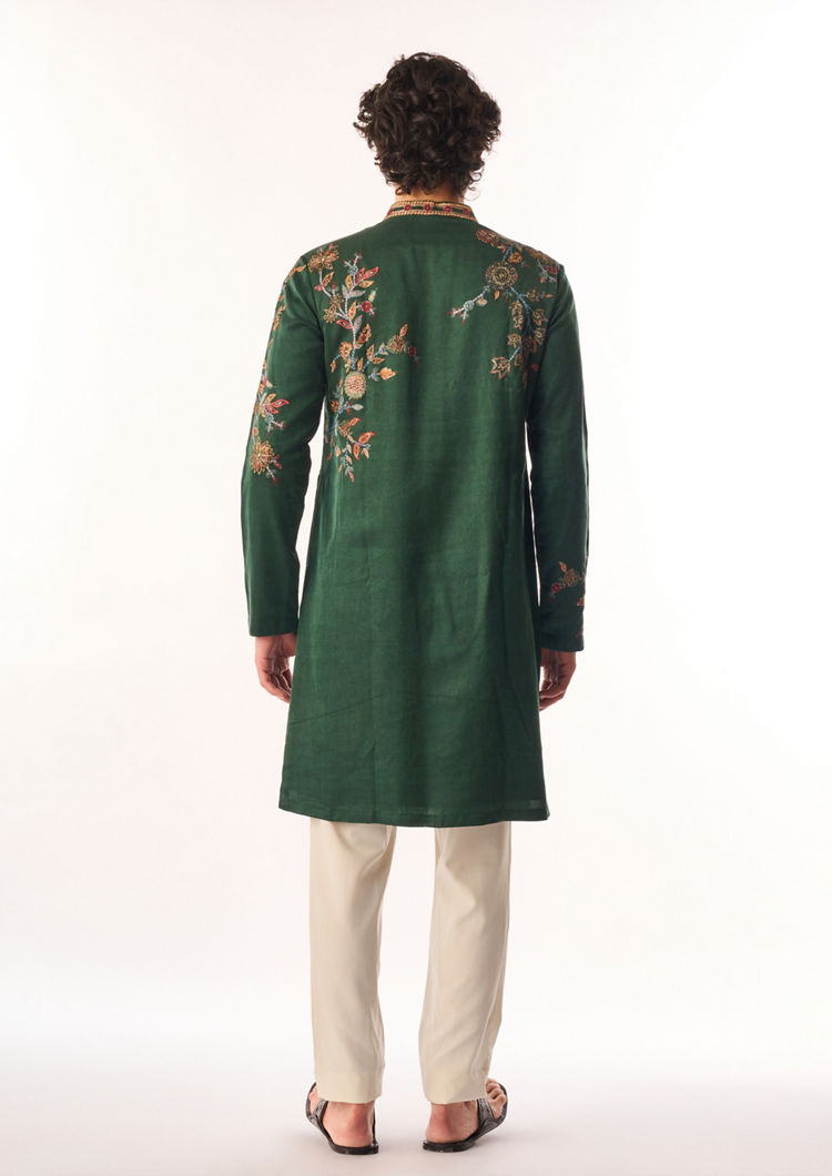 Twamev Men Dark Green Satin Kurta Set with Embroidery