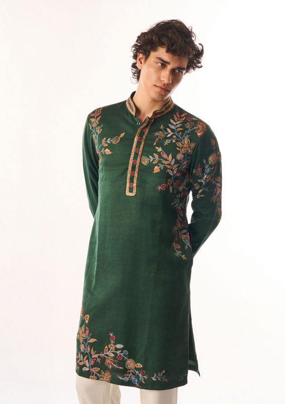 Twamev Men Dark Green Satin Kurta Set with Embroidery