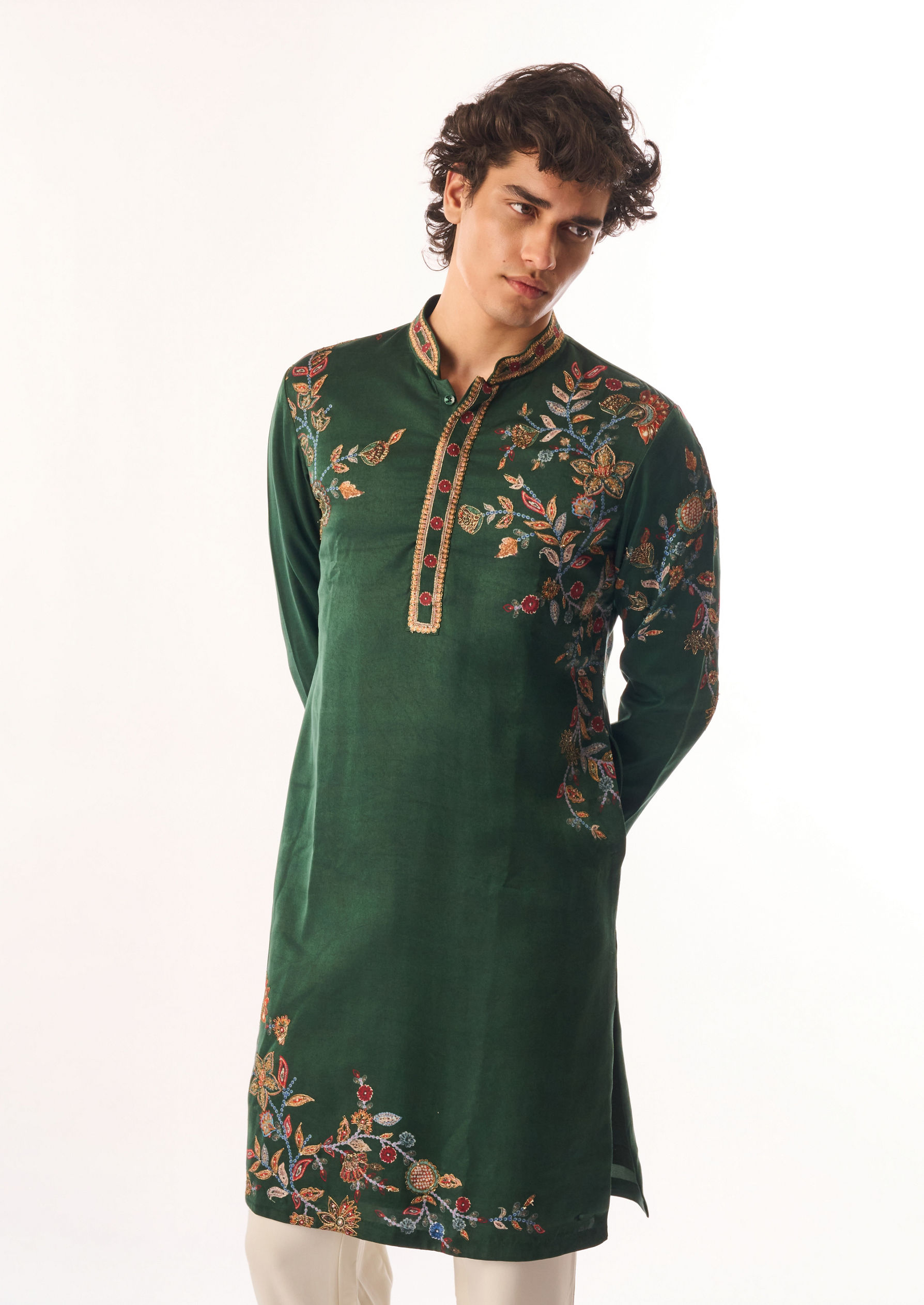 Twamev Men Dark Green Satin Kurta Set with Embroidery