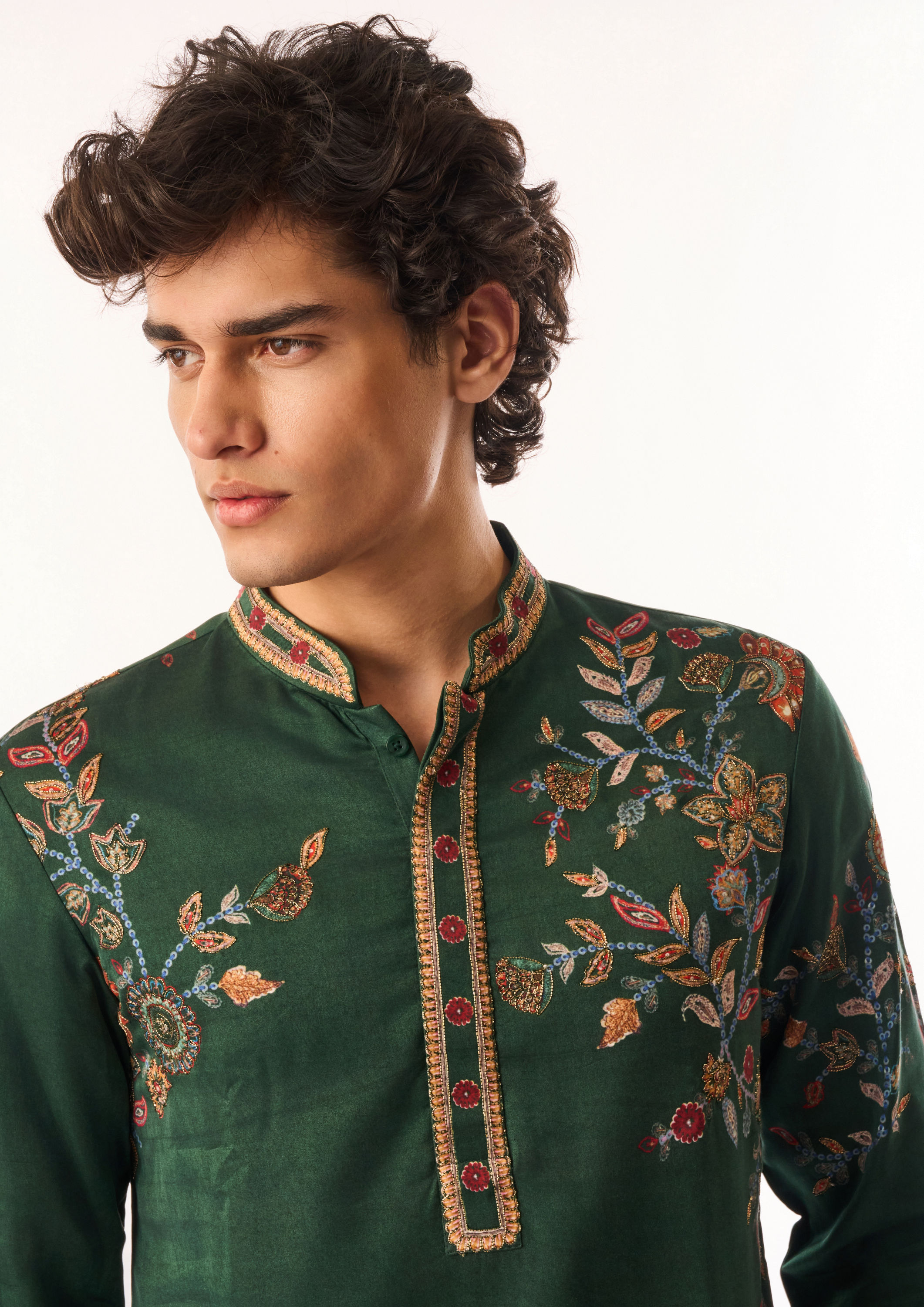 Twamev Men Dark Green Satin Kurta Set with Embroidery