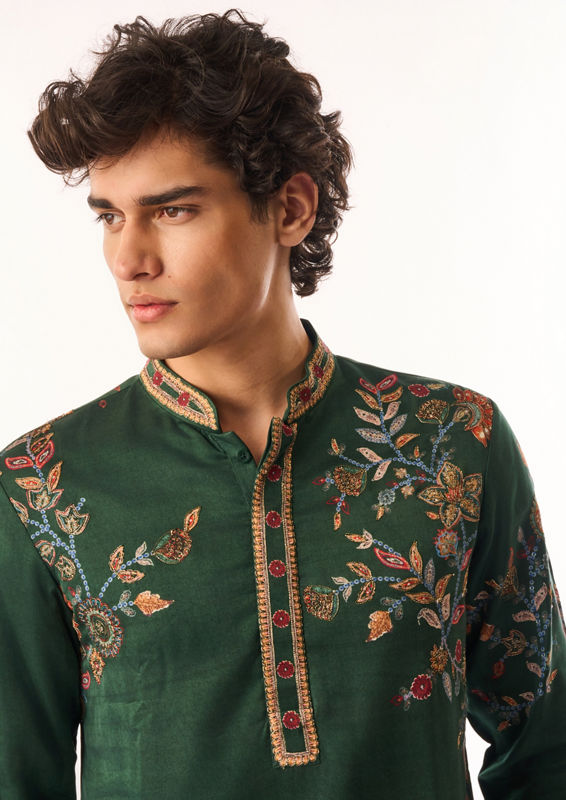 Twamev Men Dark Green Satin Kurta Set with Embroidery