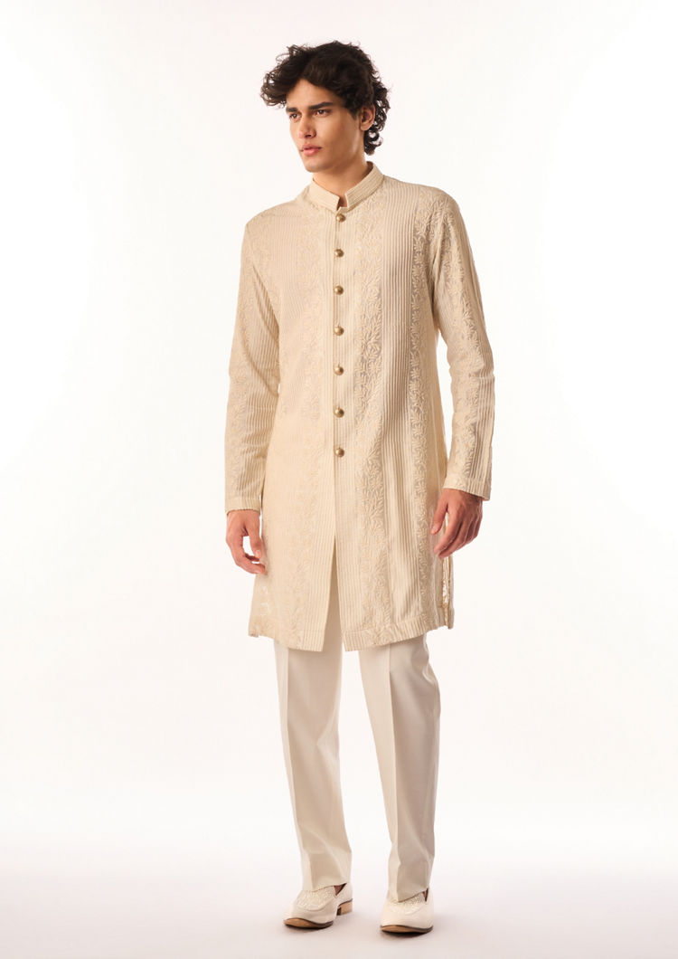 Twamev Men Cream Silk Kurta Set with Embroidery
