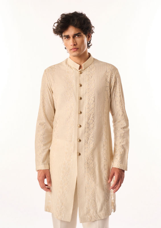 Twamev Men Cream Silk Kurta Set with Embroidery