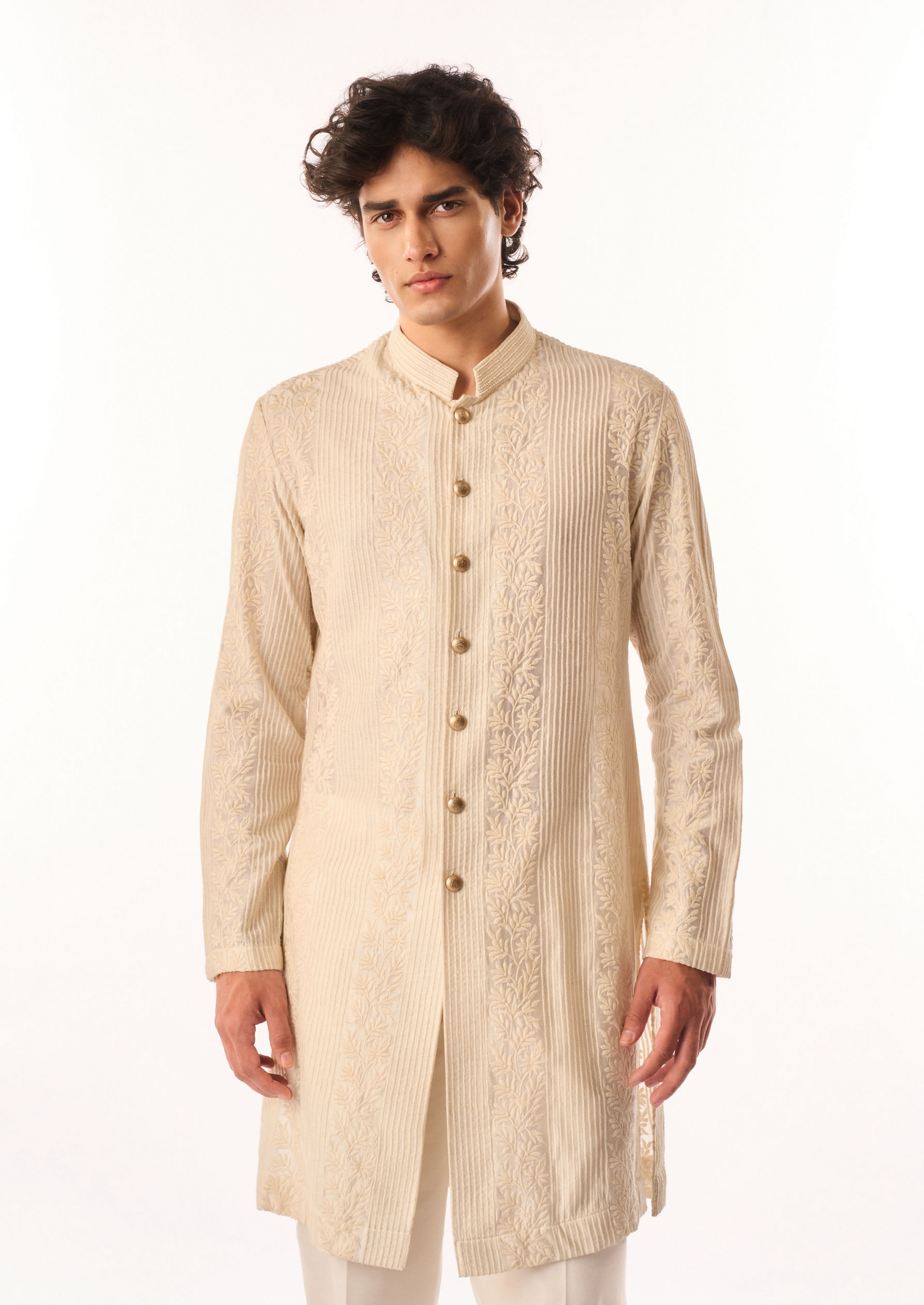 Twamev Men Cream Silk Kurta Set with Embroidery