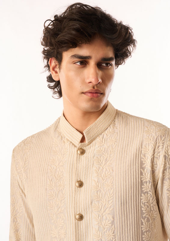 Twamev Men Cream Silk Kurta Set with Embroidery