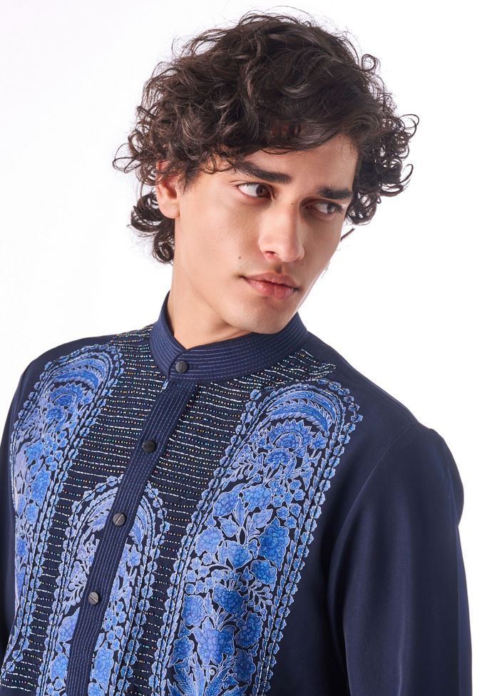 Twamev Men Midnight Blue Thread Work Kurta Set