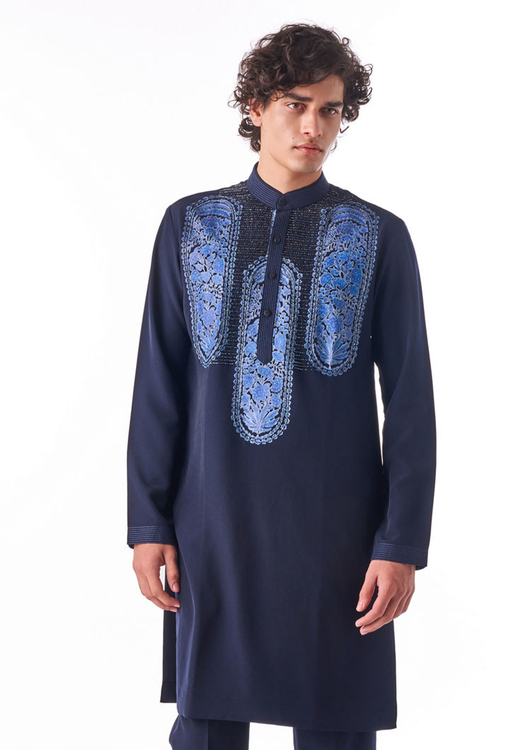 Twamev Men Midnight Blue Thread Work Kurta Set