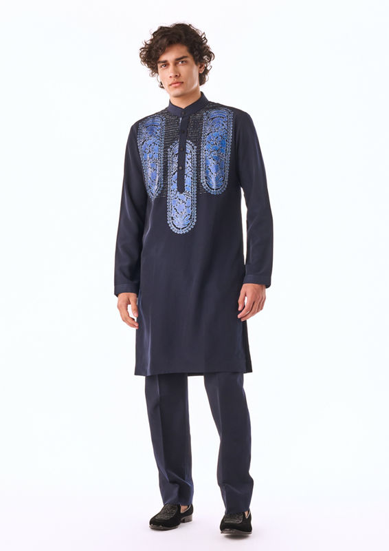 Twamev Men Midnight Blue Thread Work Kurta Set