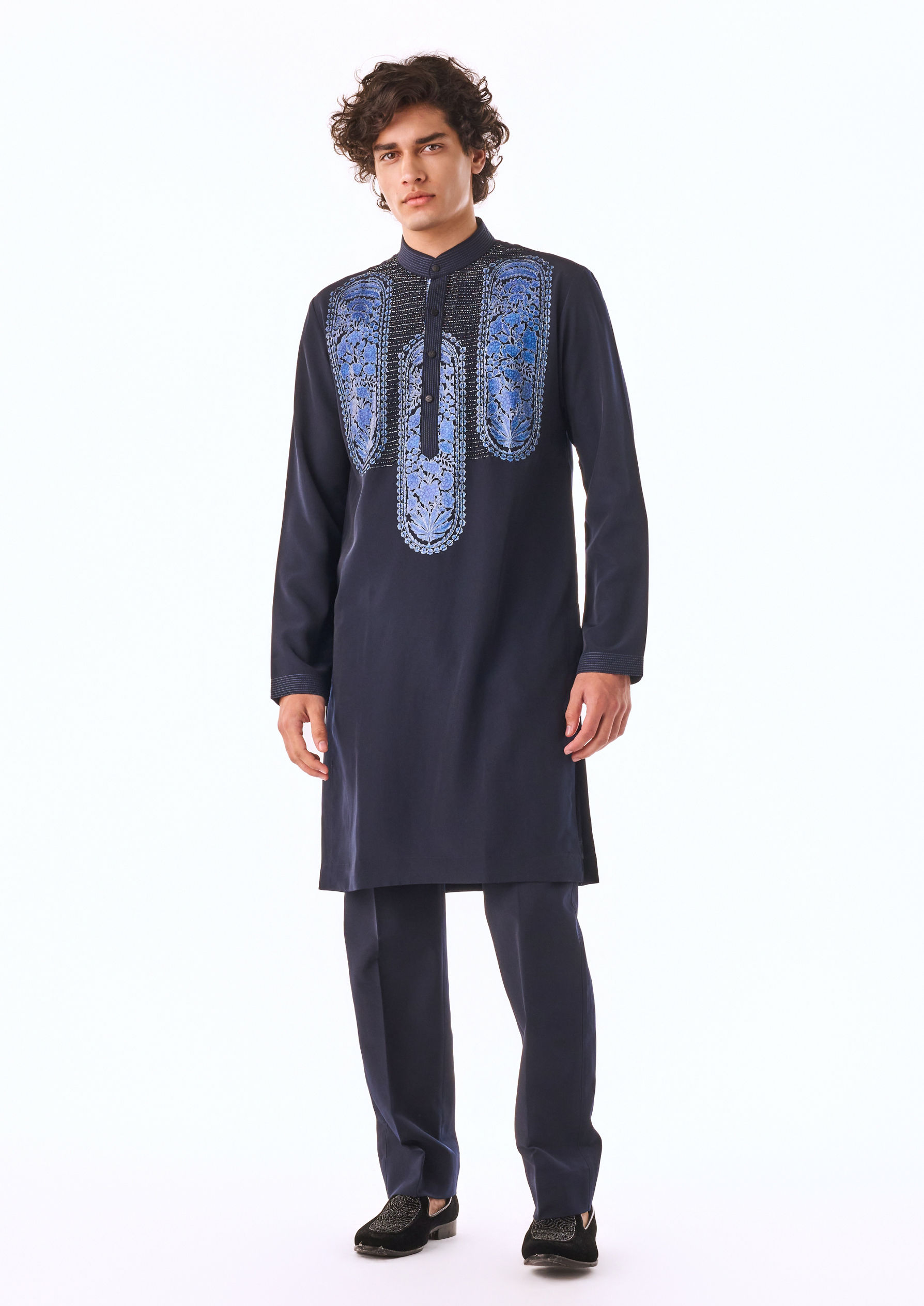 Twamev Men Midnight Blue Thread Work Kurta Set