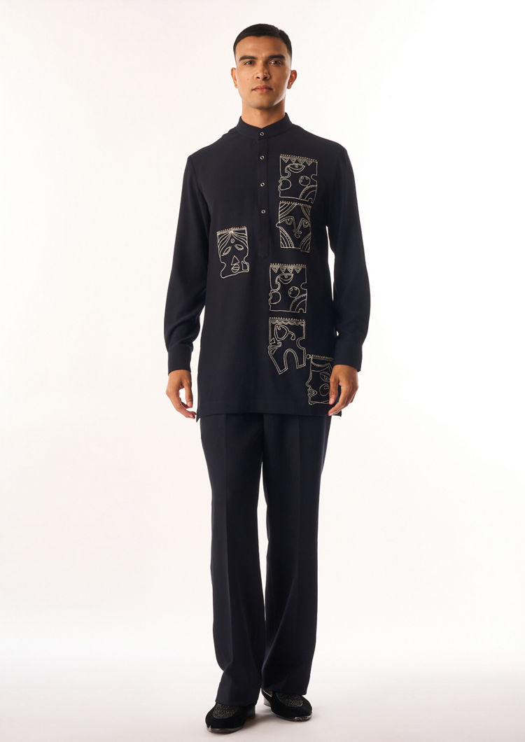 Twamev Men Dark Blue Rayon Kurta Set with Embroidery