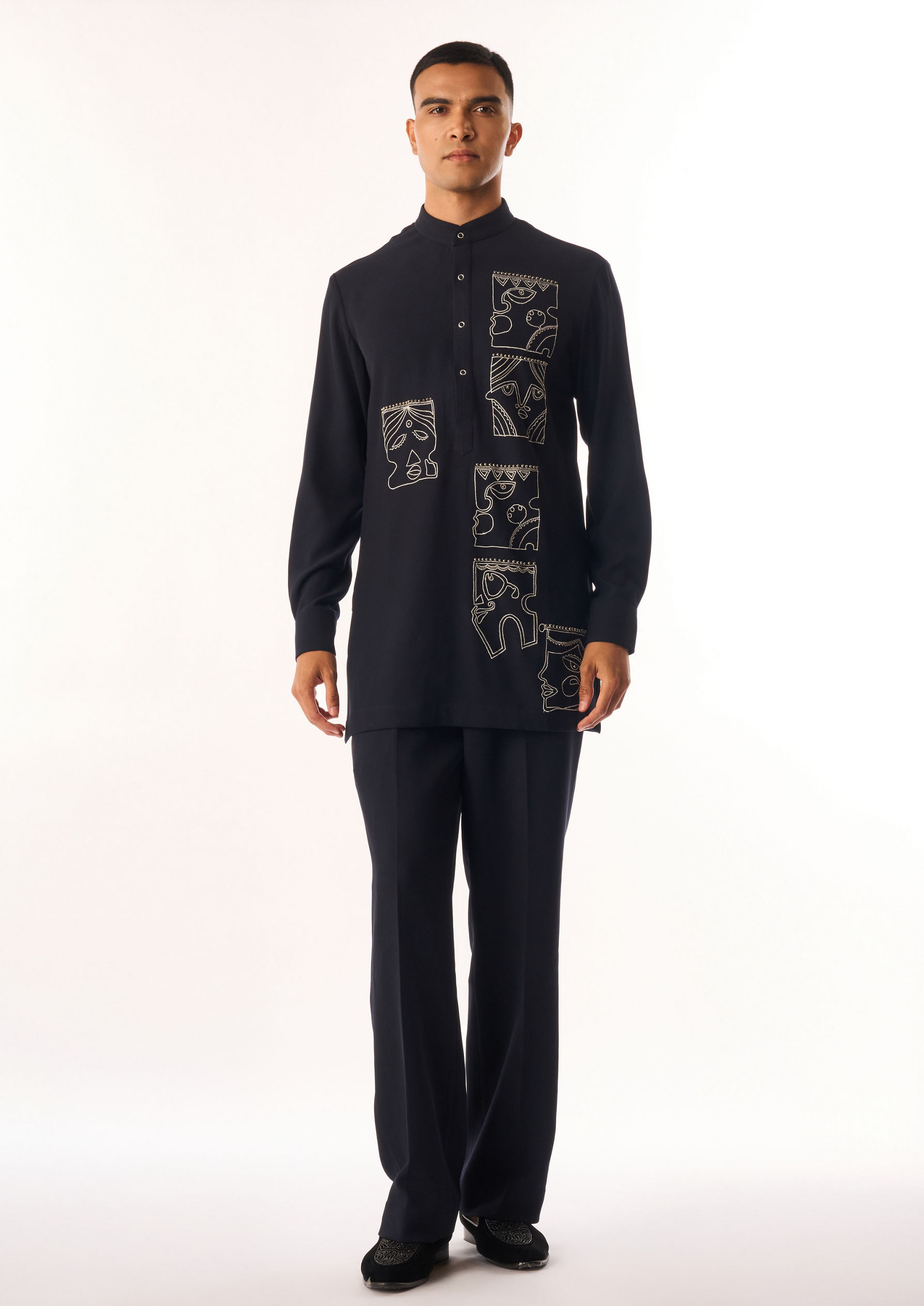 Twamev Men Dark Blue Rayon Kurta Set with Embroidery