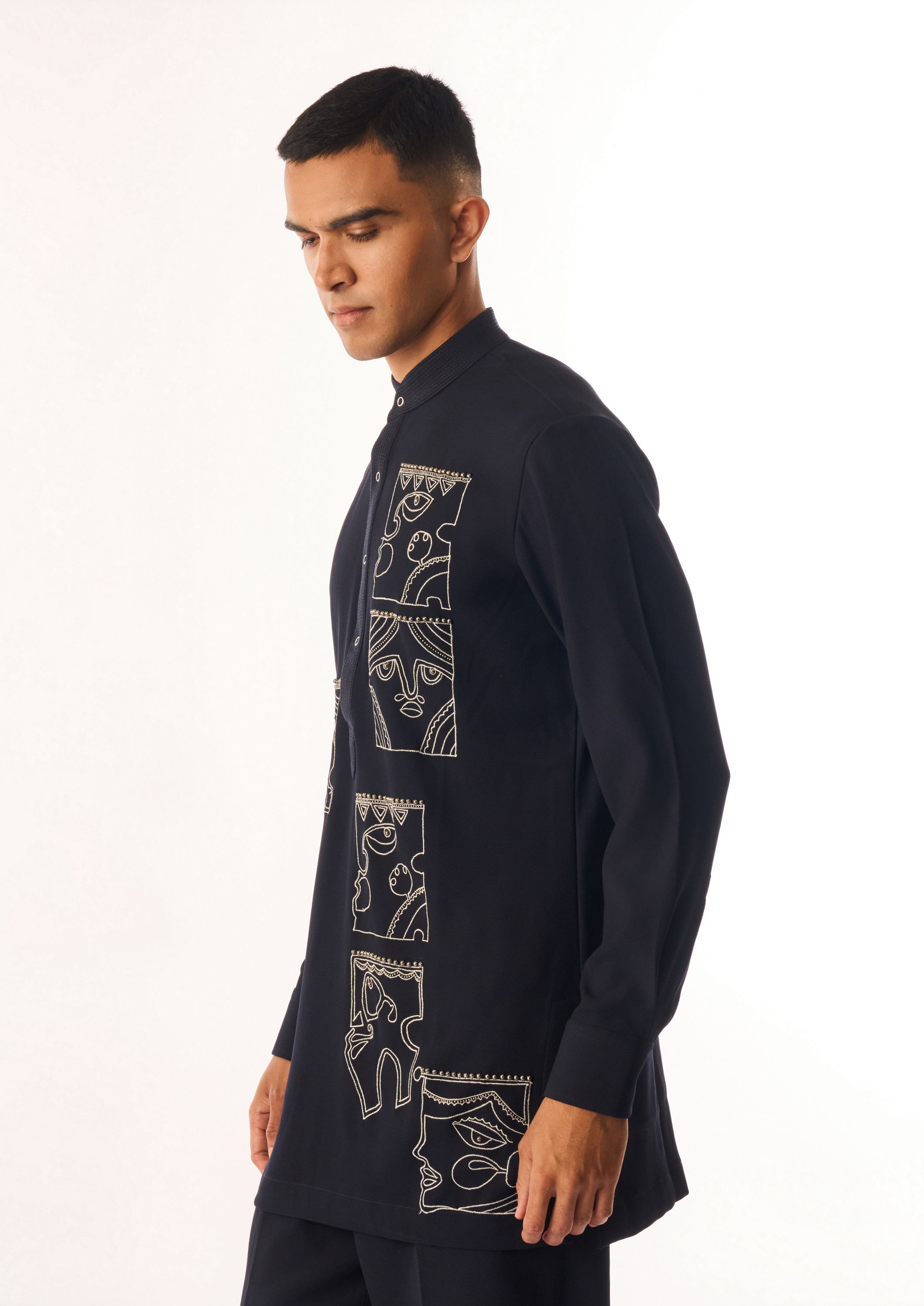 Twamev Men Dark Blue Rayon Kurta Set with Embroidery
