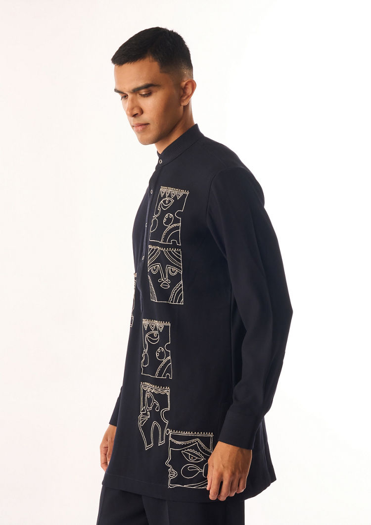Twamev Men Dark Blue Rayon Kurta Set with Embroidery