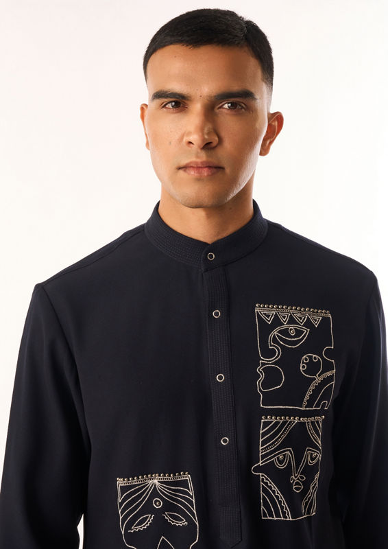 Twamev Men Dark Blue Rayon Kurta Set with Embroidery