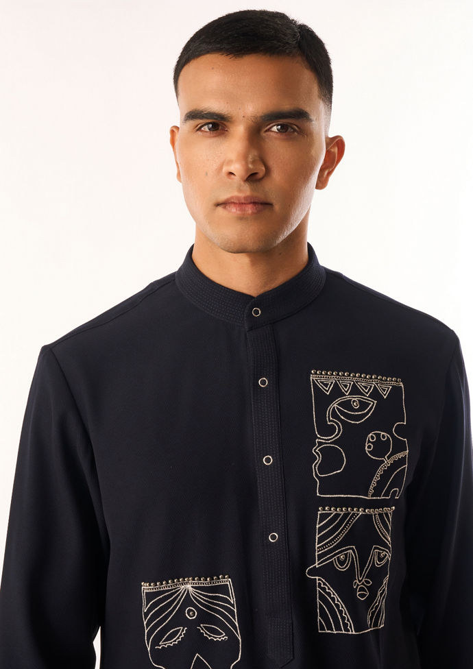 Twamev Men Dark Blue Rayon Kurta Set with Embroidery