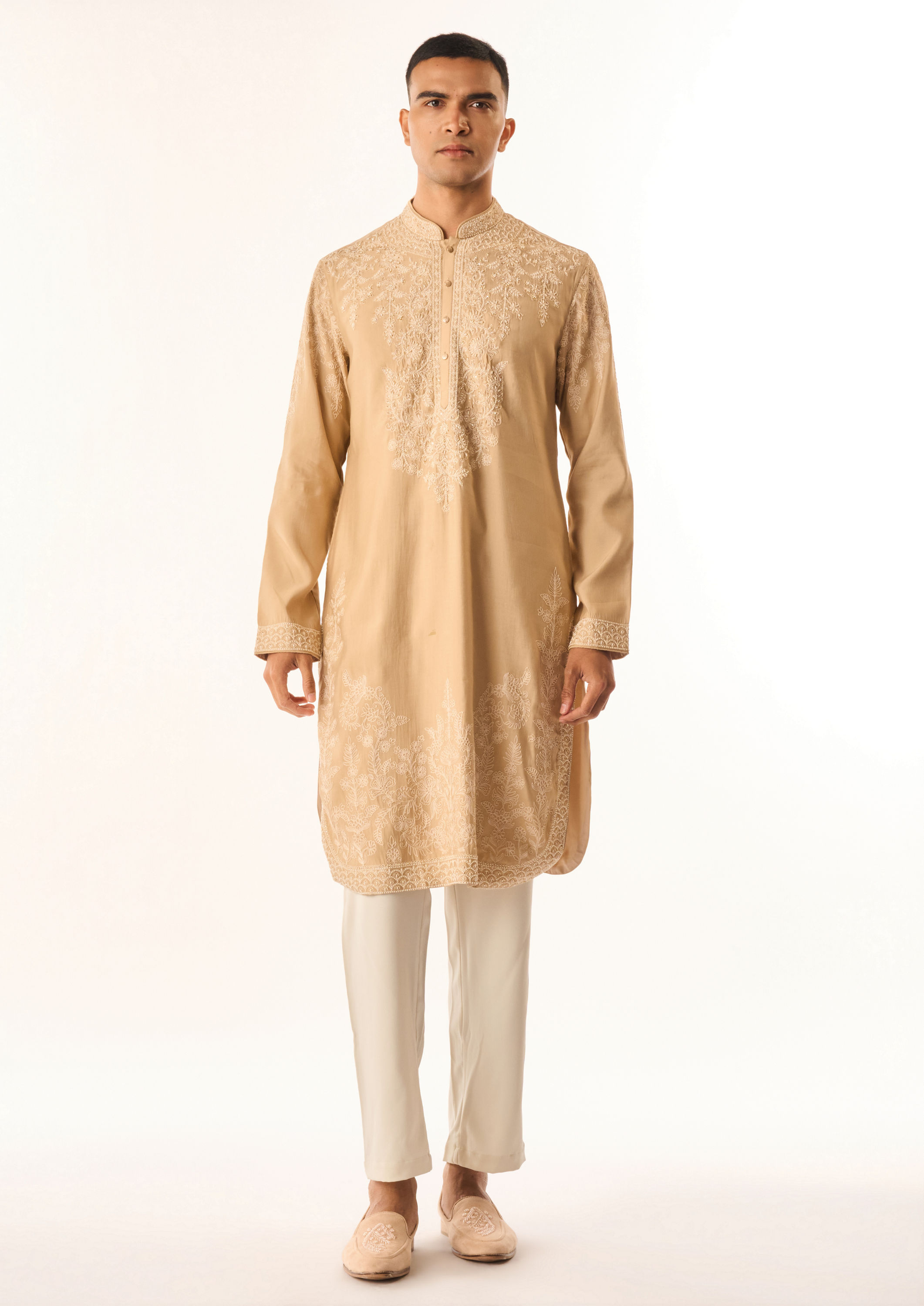 Twamev Men Fawn Cotton Silk Kurta Setwith Embroidery