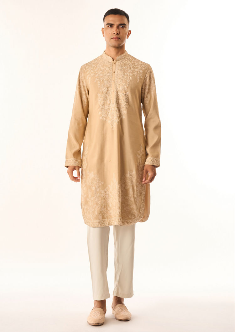 Twamev Men Fawn Cotton Silk Kurta Setwith Embroidery