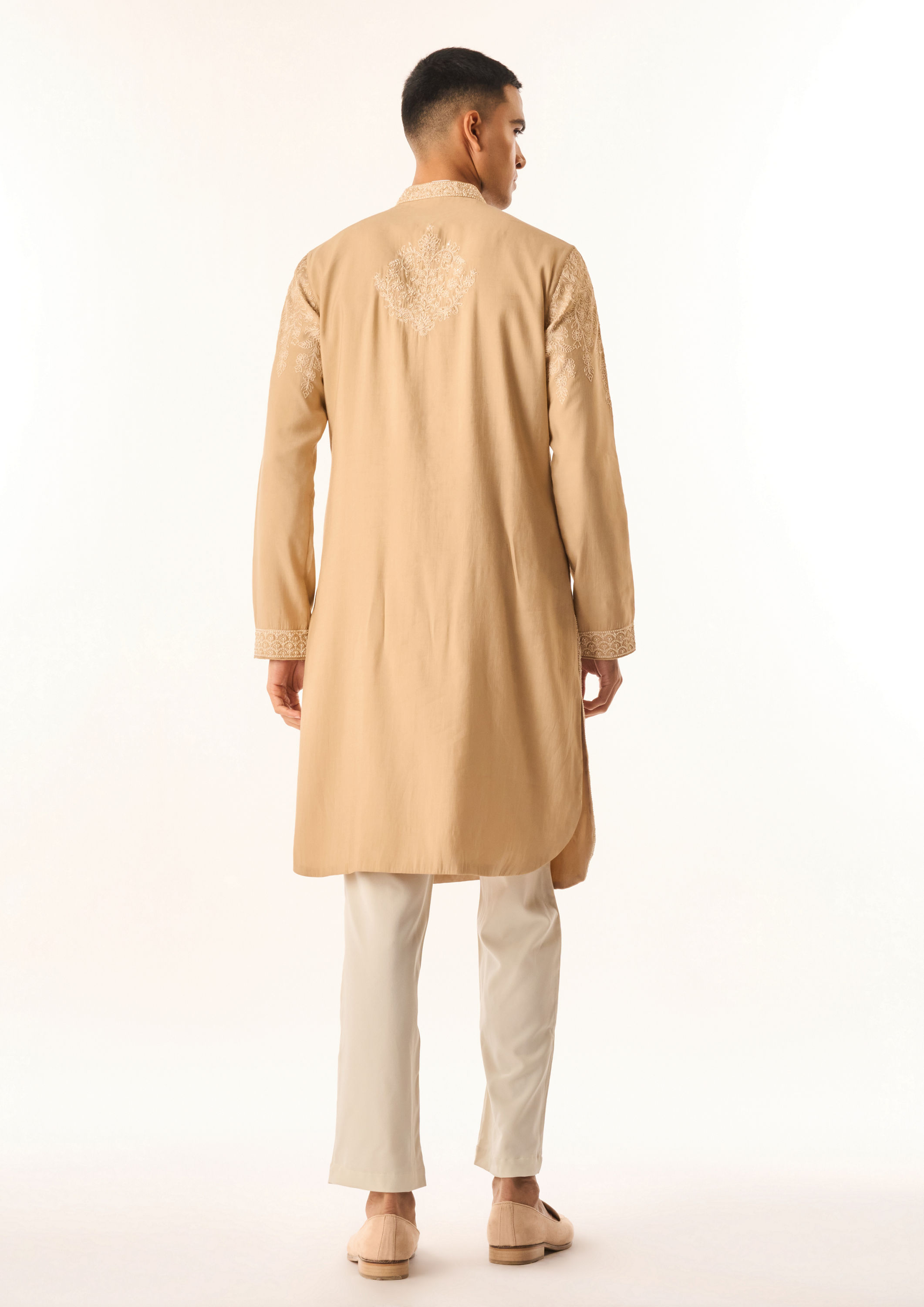 Twamev Men Fawn Cotton Silk Kurta Setwith Embroidery