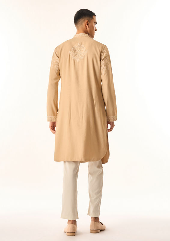 Twamev Men Fawn Cotton Silk Kurta Setwith Embroidery