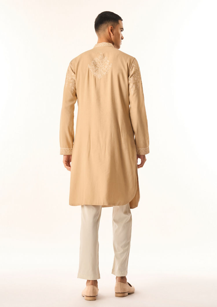 Twamev Men Fawn Cotton Silk Kurta Setwith Embroidery