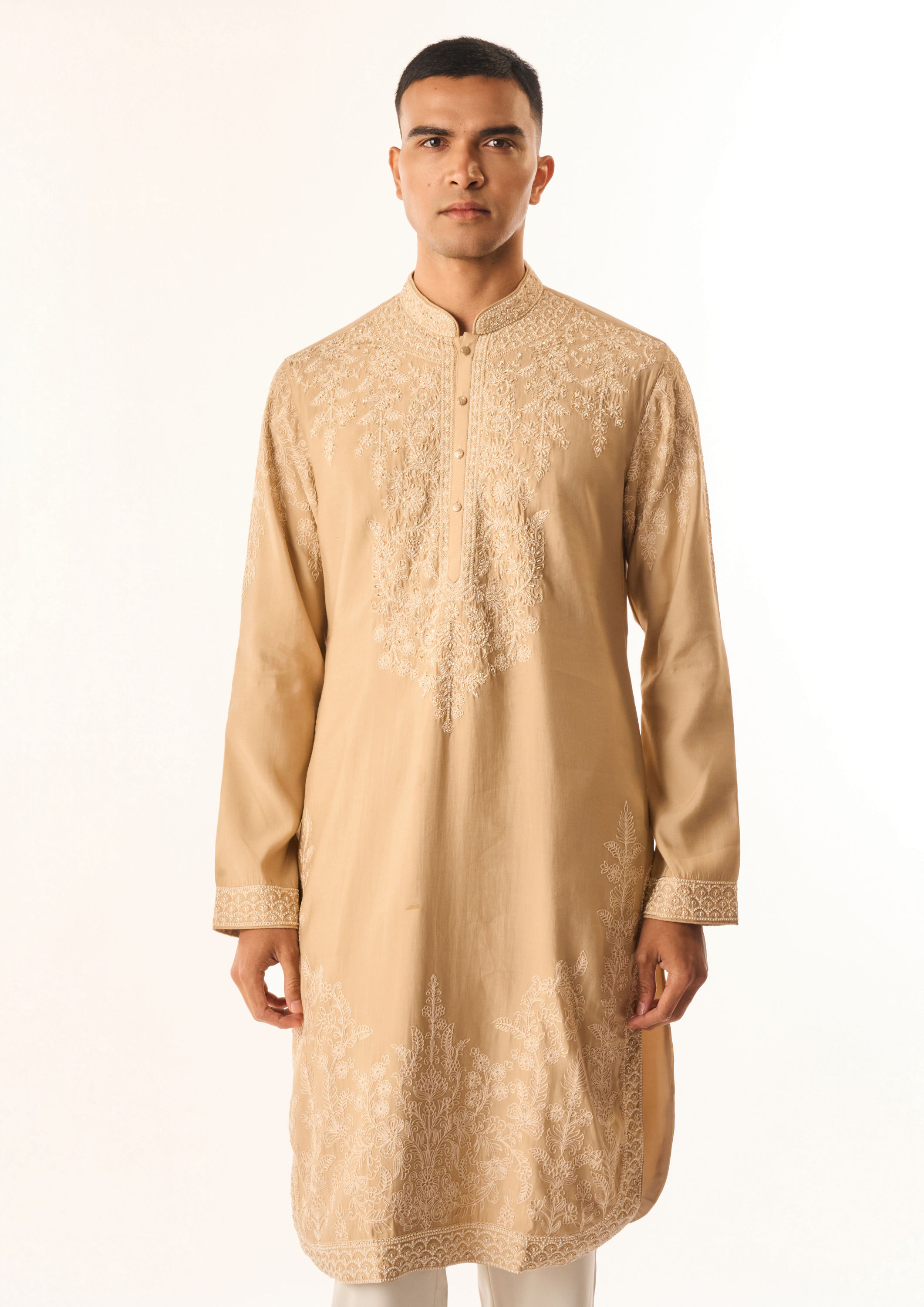 Twamev Men Fawn Cotton Silk Kurta Setwith Embroidery