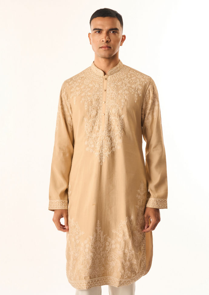 Twamev Men Fawn Cotton Silk Kurta Setwith Embroidery