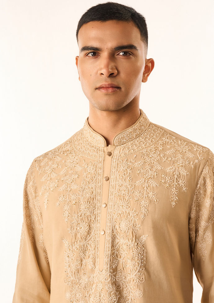 Twamev Men Fawn Cotton Silk Kurta Setwith Embroidery