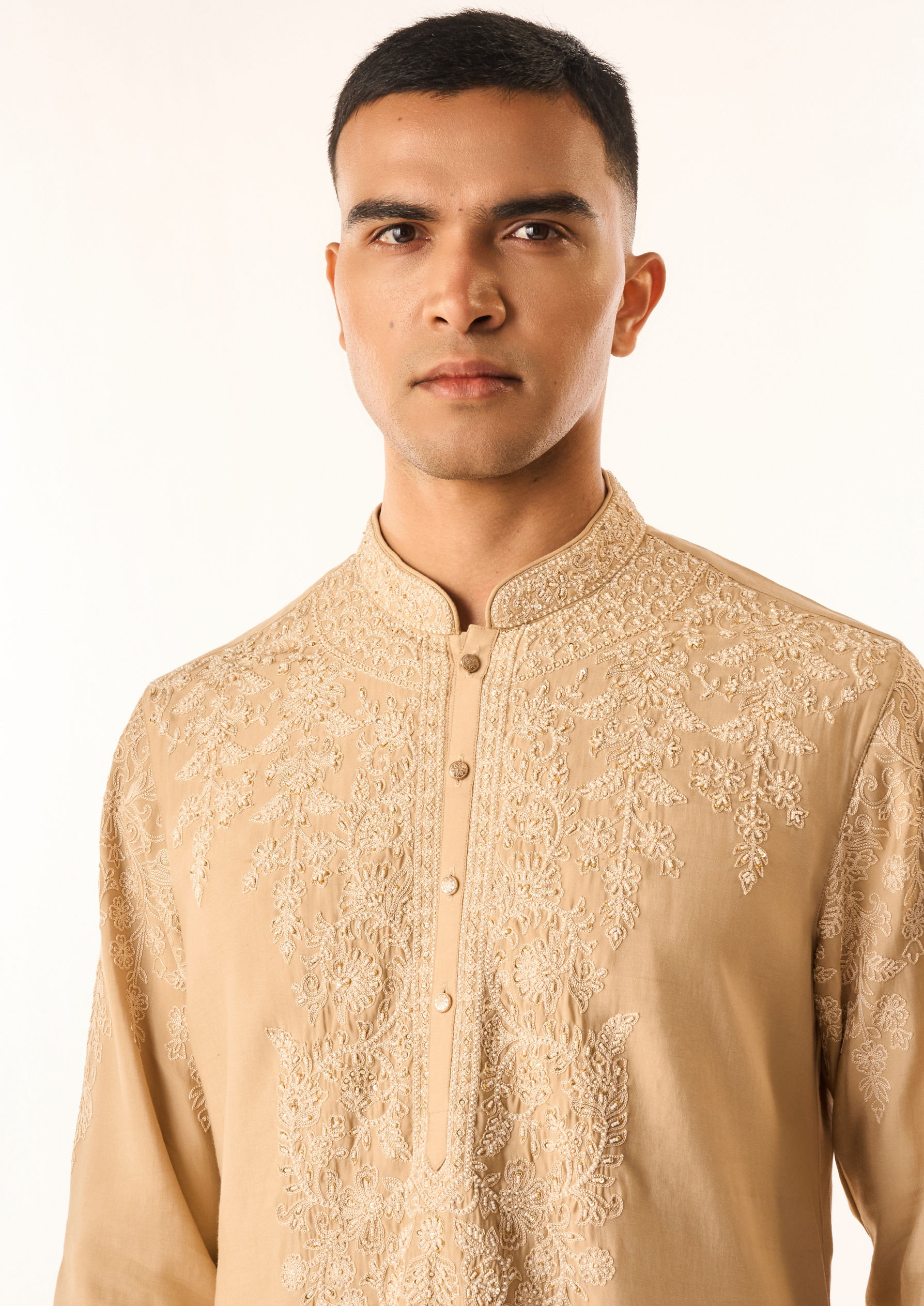 Twamev Men Fawn Cotton Silk Kurta Setwith Embroidery