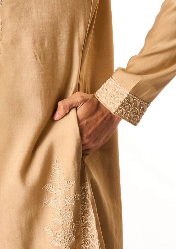Twamev Men Fawn Cotton Silk Kurta Setwith Embroidery