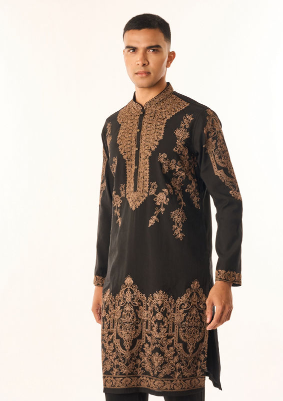 Twamev Men Black Cotton Silk Kurta Set with Embroidery