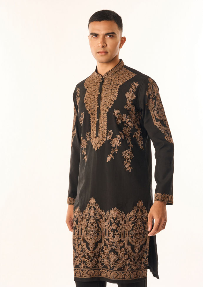 Twamev Men Black Cotton Silk Kurta Set with Embroidery