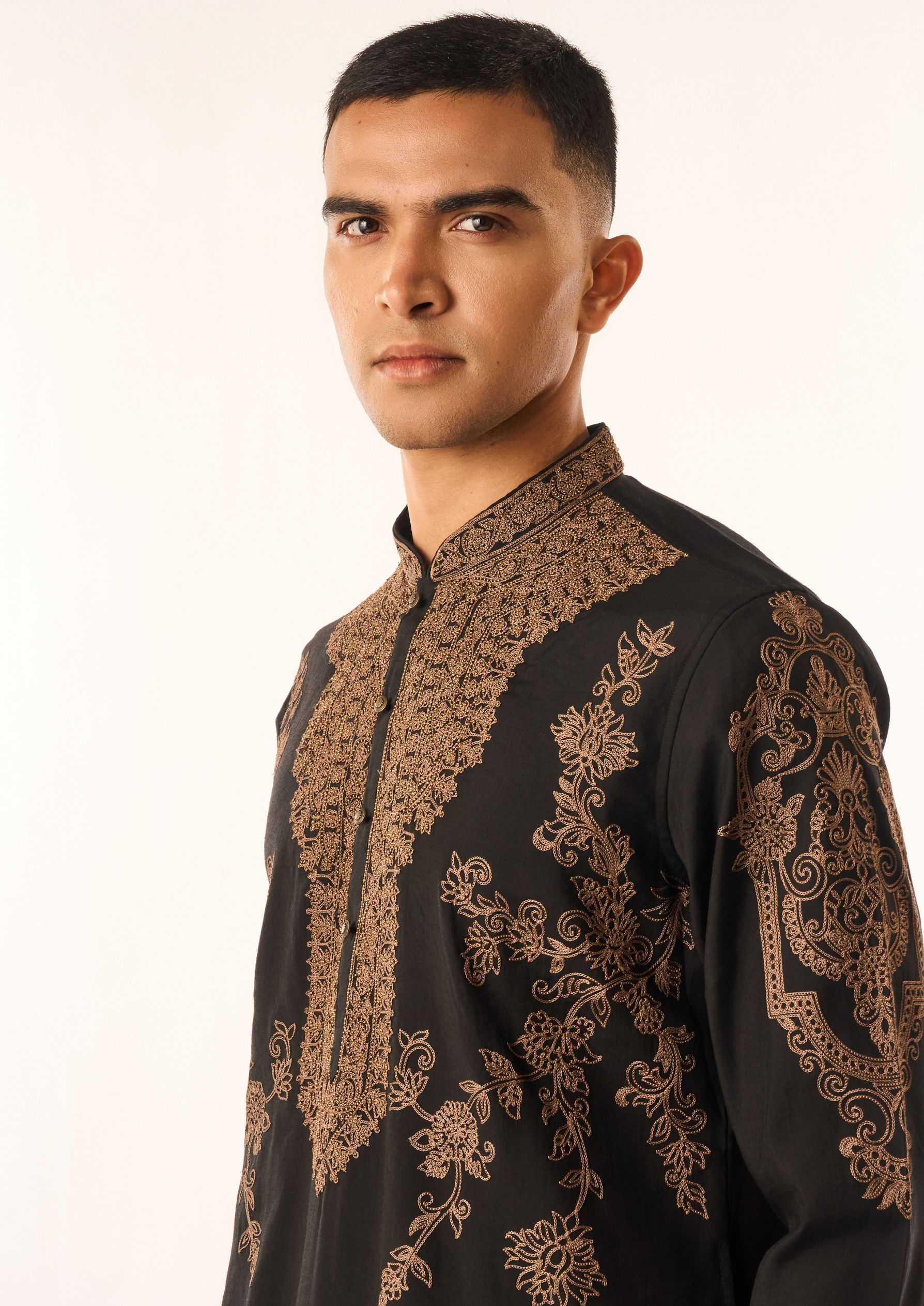 Twamev Men Black Cotton Silk Kurta Set with Embroidery