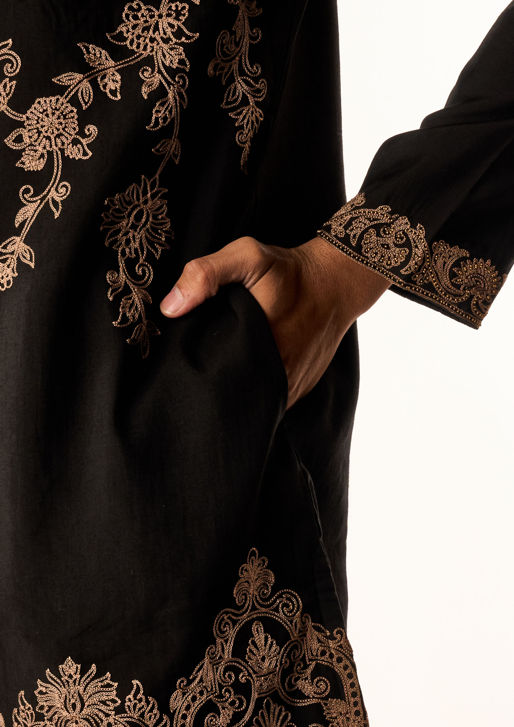 Twamev Men Black Cotton Silk Kurta Set with Embroidery