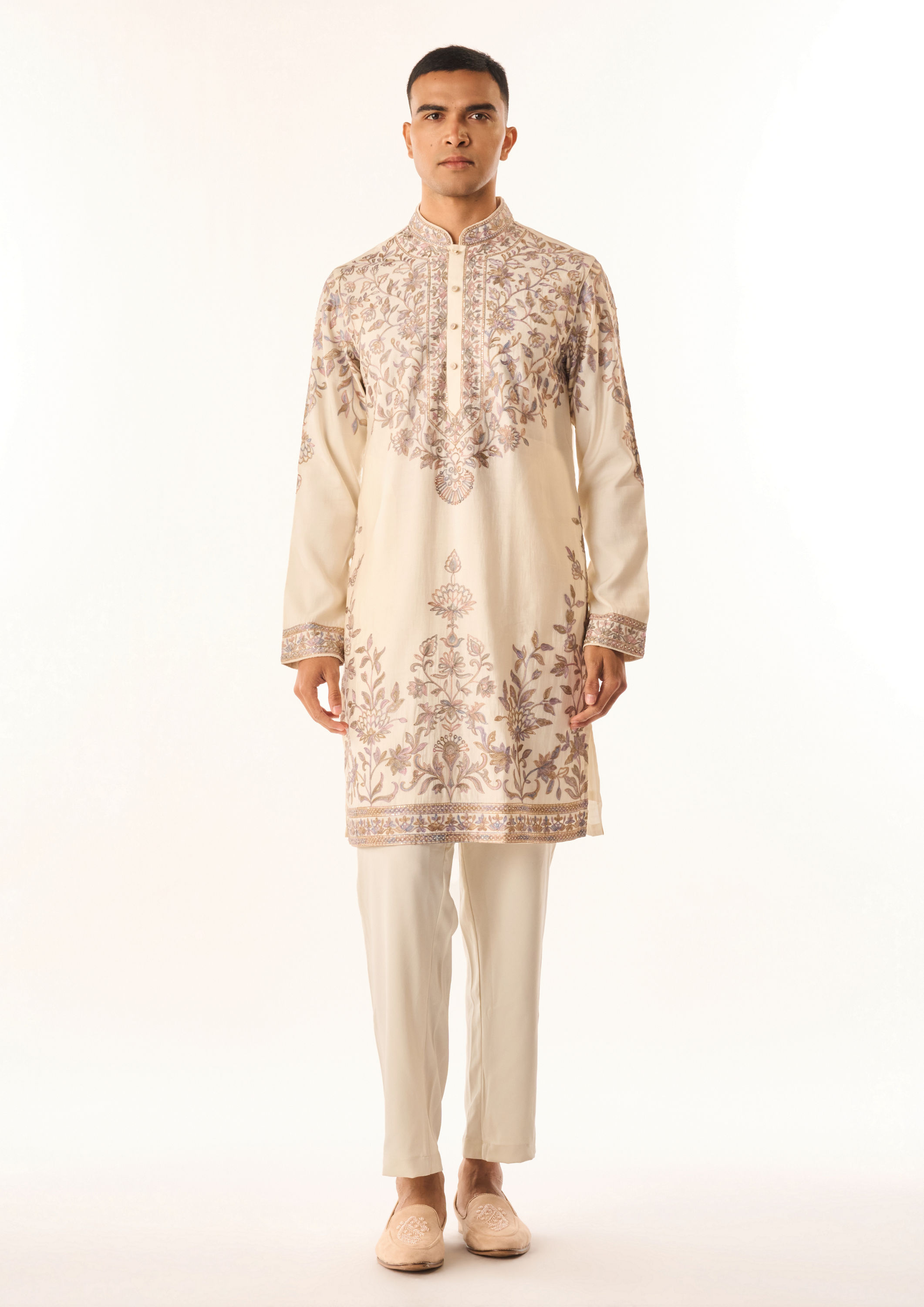 Twamev Men Cream Cotton Silk Kurta Set with Embroidery