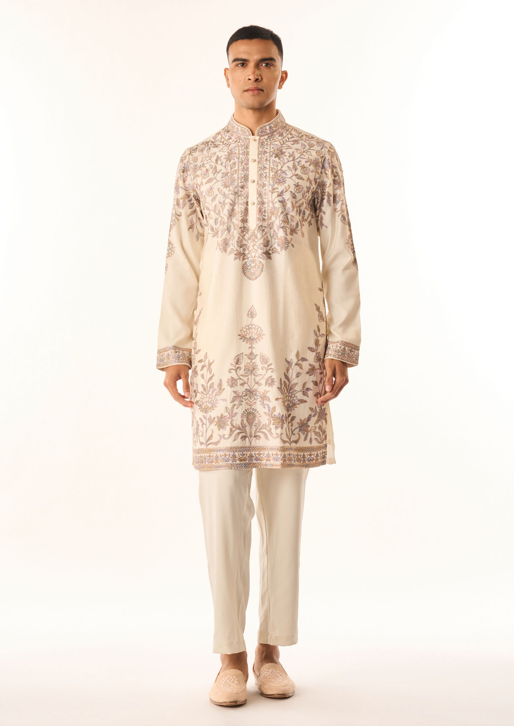 Twamev Men Cream Cotton Silk Kurta Set with Embroidery