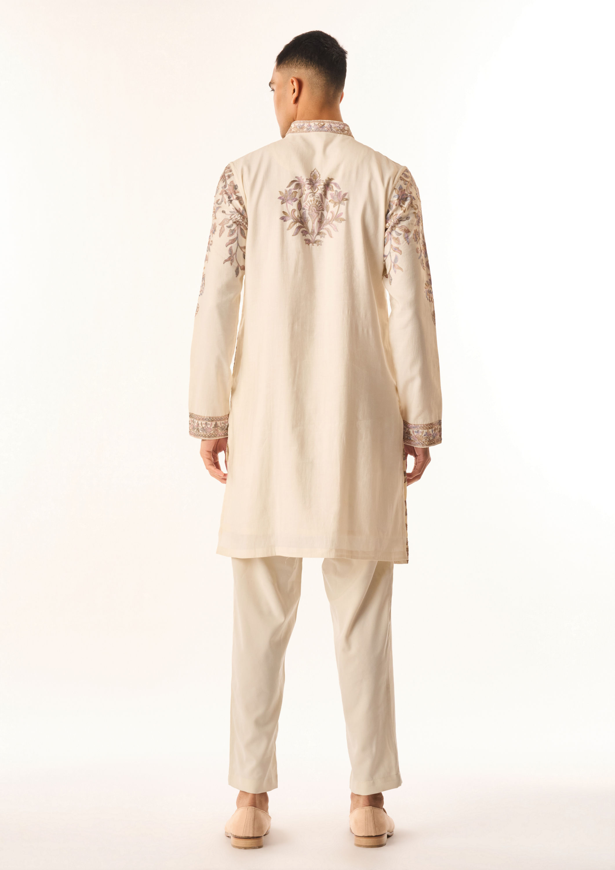 Twamev Men Cream Cotton Silk Kurta Set with Embroidery