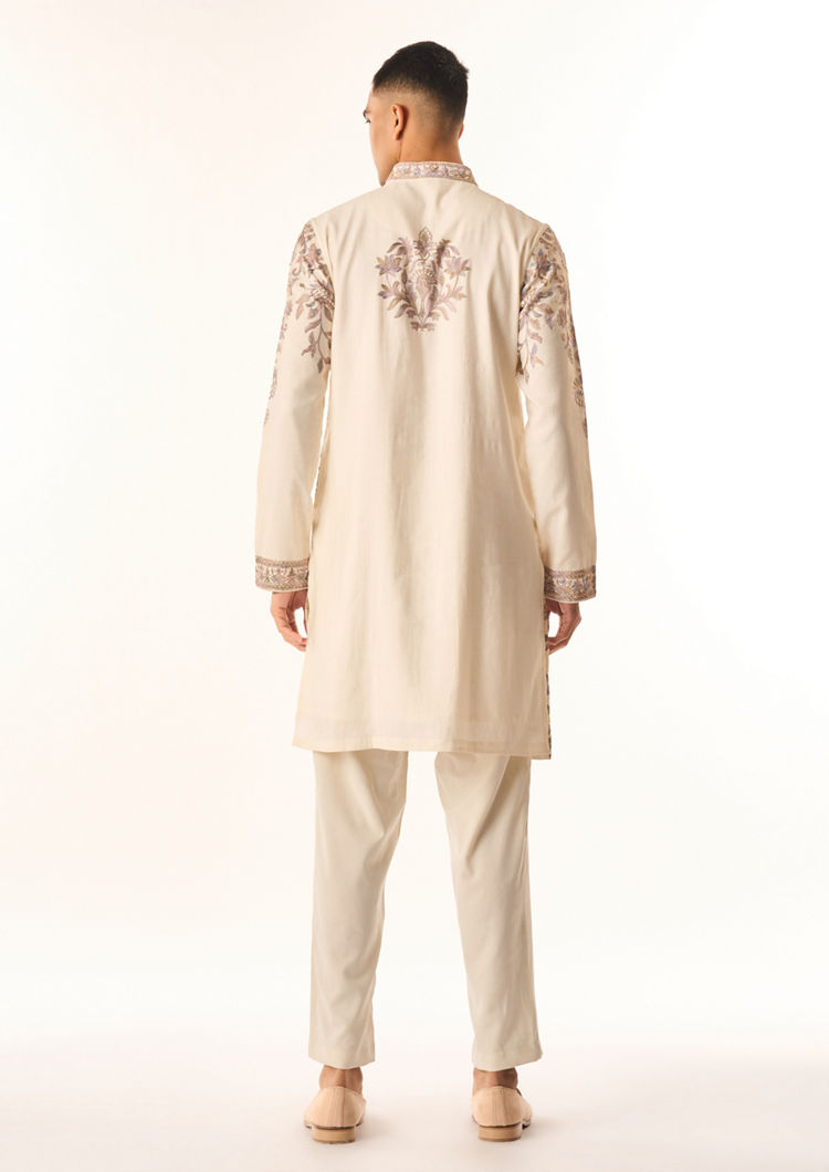 Twamev Men Cream Cotton Silk Kurta Set with Embroidery