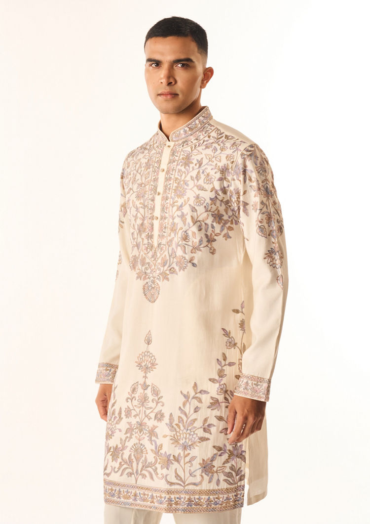 Twamev Men Cream Cotton Silk Kurta Set with Embroidery