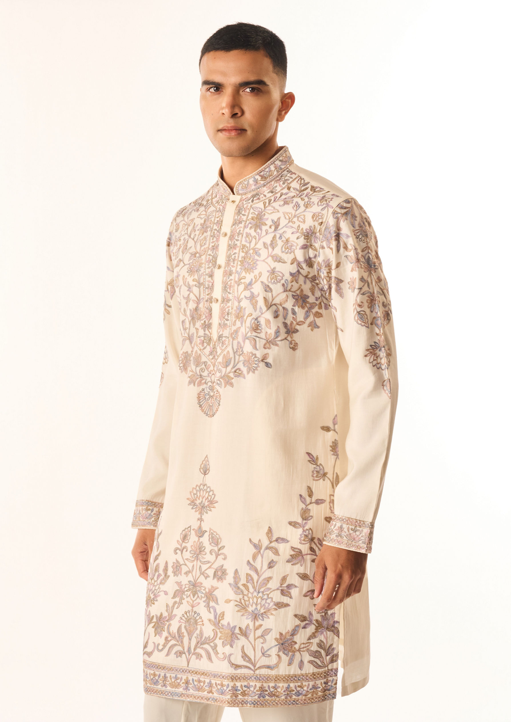 Twamev Men Cream Cotton Silk Kurta Set with Embroidery