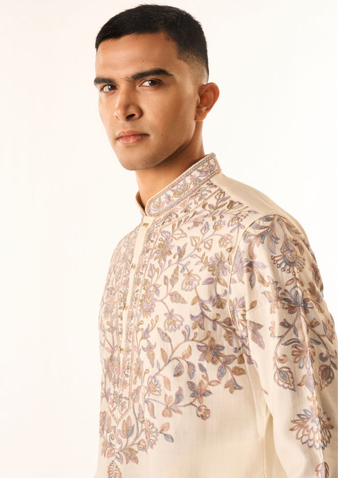 Twamev Men Cream Cotton Silk Kurta Set with Embroidery