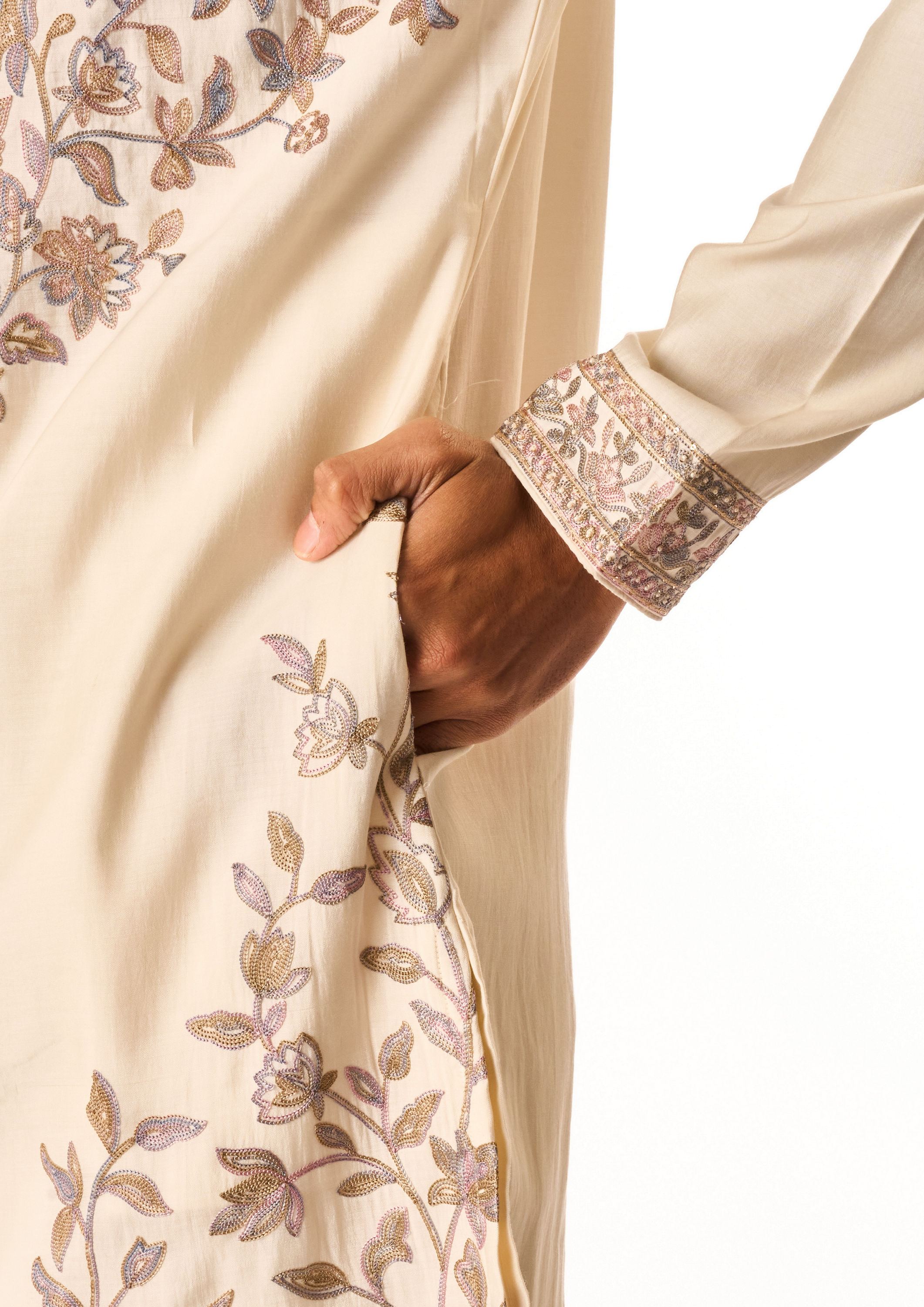 Twamev Men Cream Cotton Silk Kurta Set with Embroidery