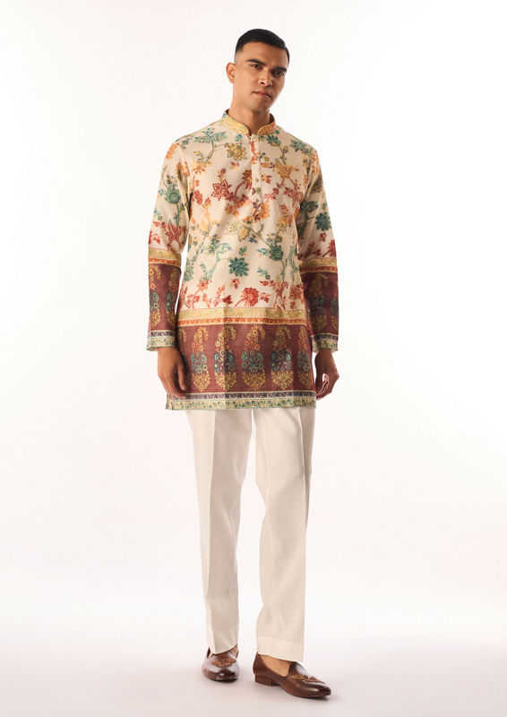 Twamev Men Cream Chanderi Kurta Set with Floral Print