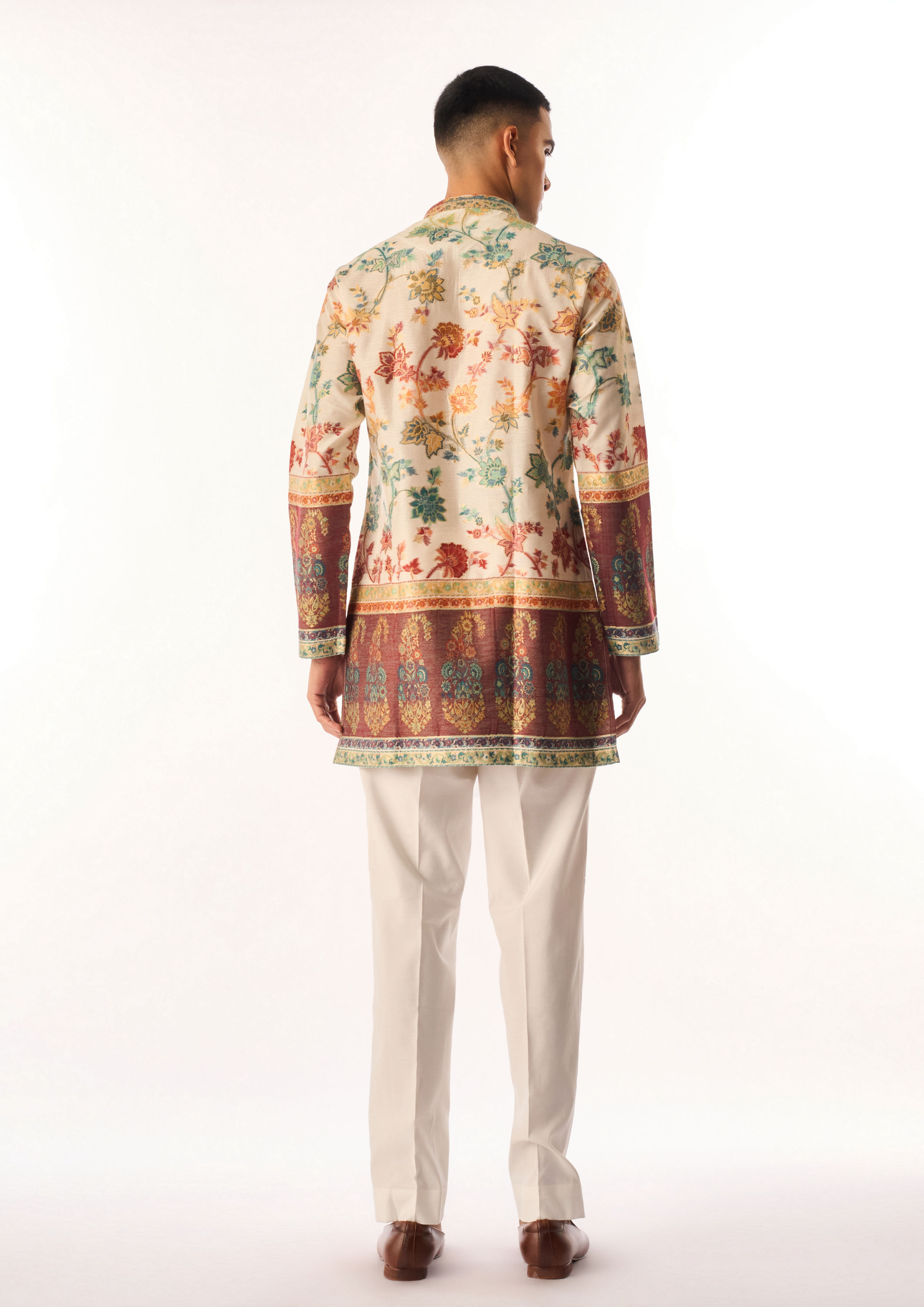 Twamev Men Cream Chanderi Kurta Set with Floral Print