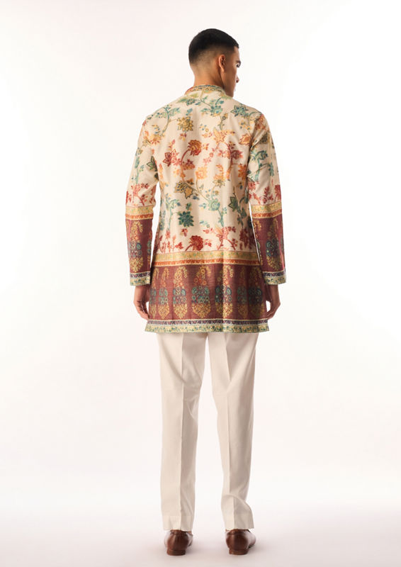 Twamev Men Cream Chanderi Kurta Set with Floral Print