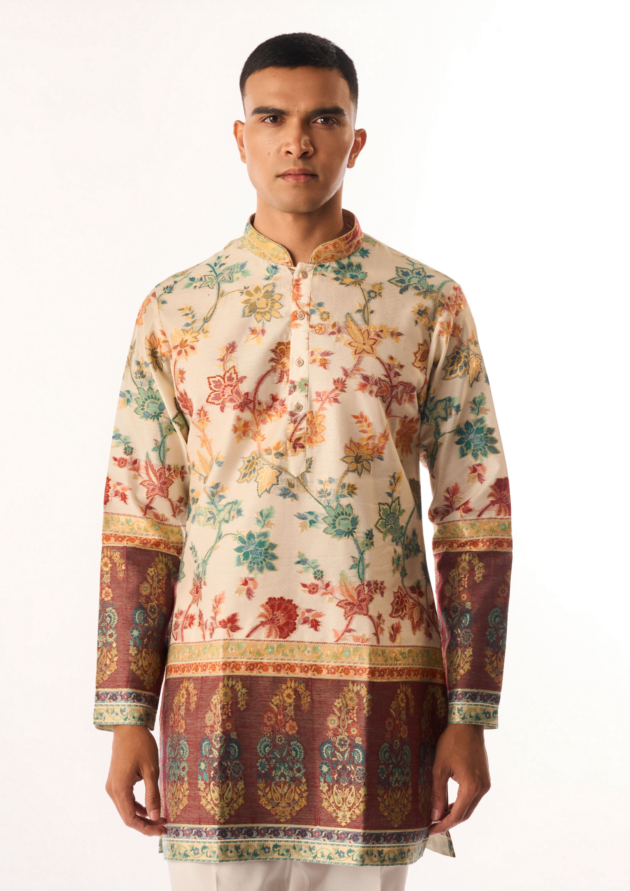 Twamev Men Cream Chanderi Kurta Set with Floral Print