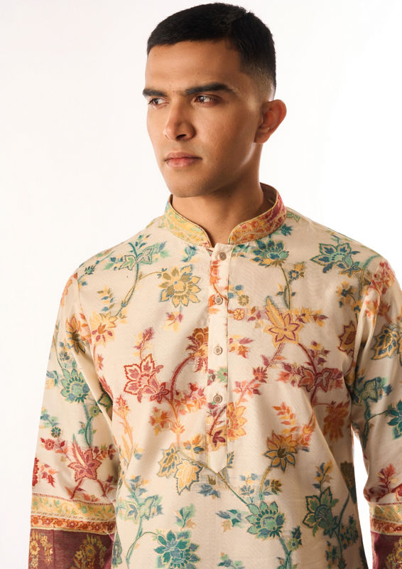 Twamev Men Cream Chanderi Kurta Set with Floral Print