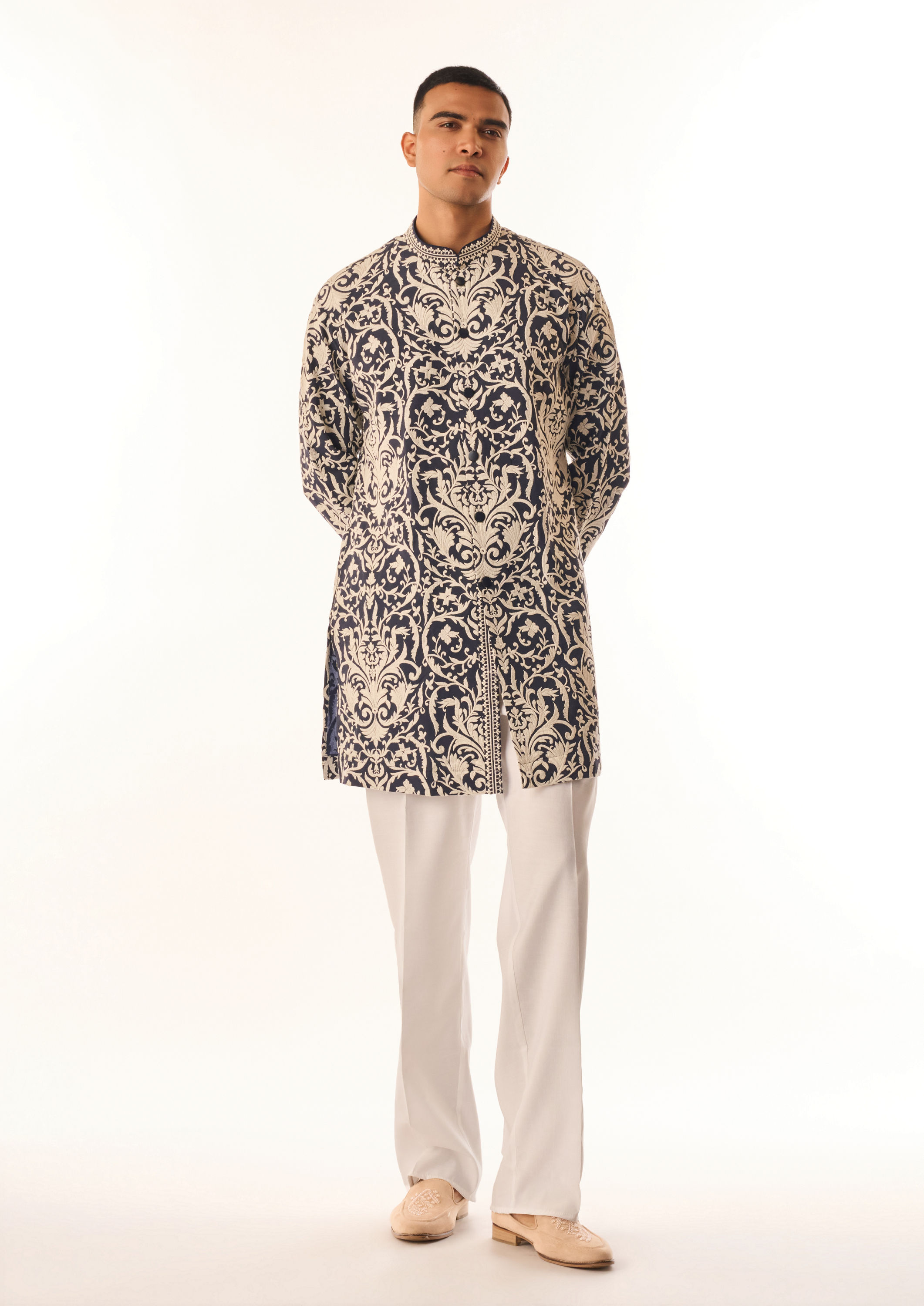 Twamev Men Dark Blue Georgette Kurta Set with Print