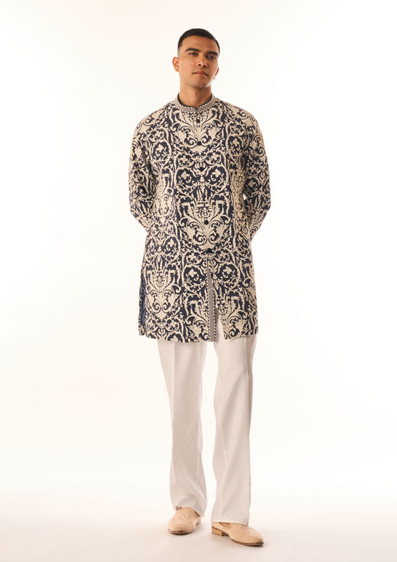 Twamev Men Dark Blue Georgette Kurta Set with Print