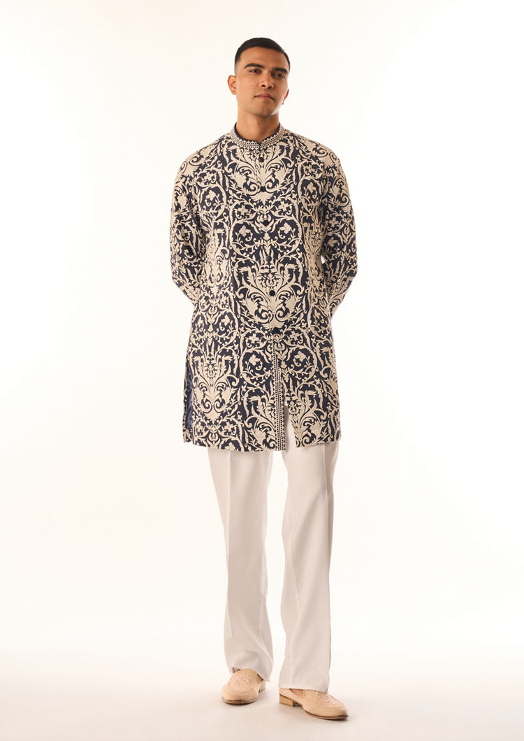 Twamev Men Dark Blue Georgette Kurta Set with Print