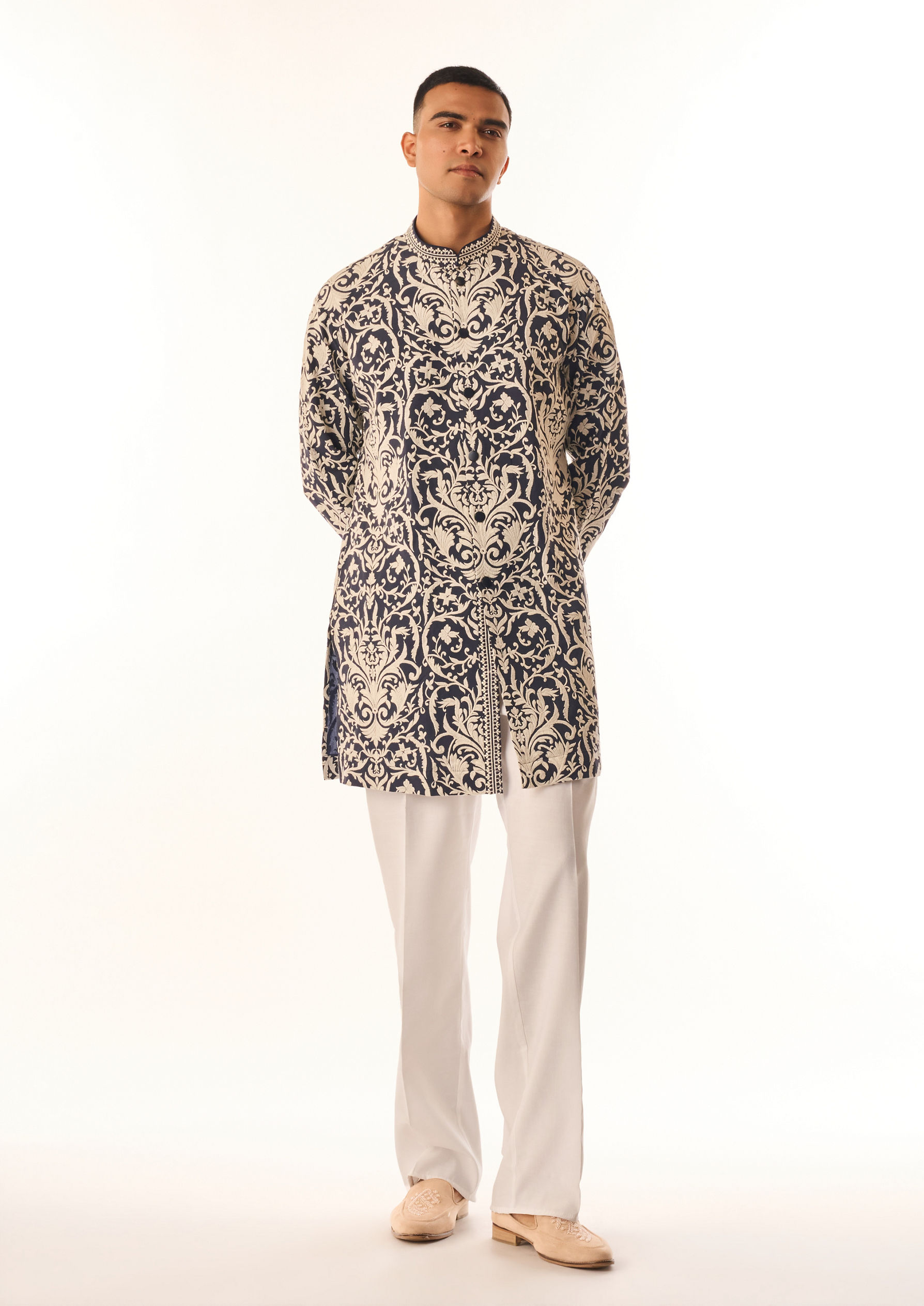 Twamev Men Dark Blue Georgette Kurta Set with Print
